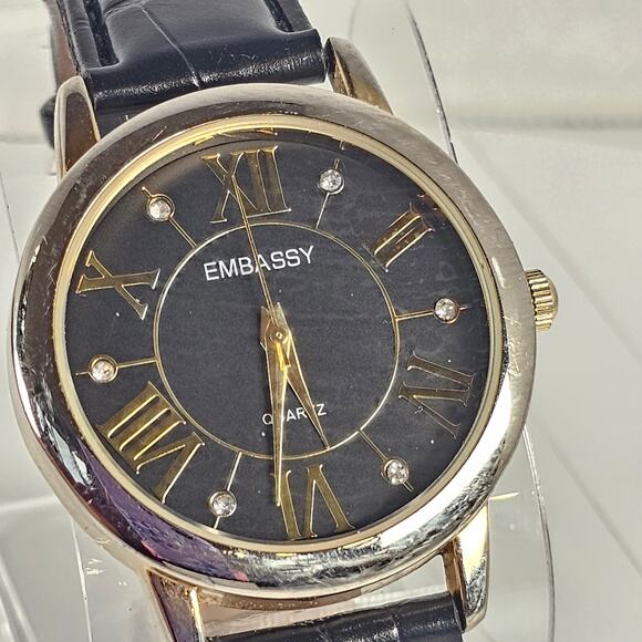 Embassy Quartz Watch Black Roman Dial Gold Tone Case 36.6mm Leather Band - Picture 3 of 14